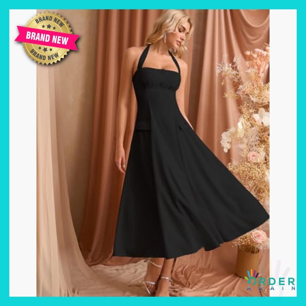 Floral Halter Corset Midi Dress A-Line Boho Tea Party Sundress Wedding Guest - Picture 2 of 7